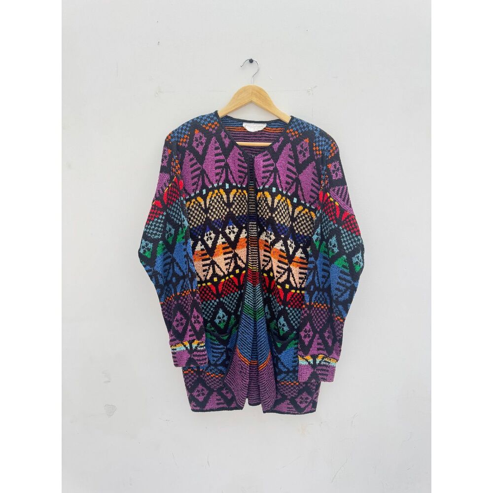 Vintage French Rags Hand Loomed Wool Blend Cardigan Sweater Coat Art to Wear M/L